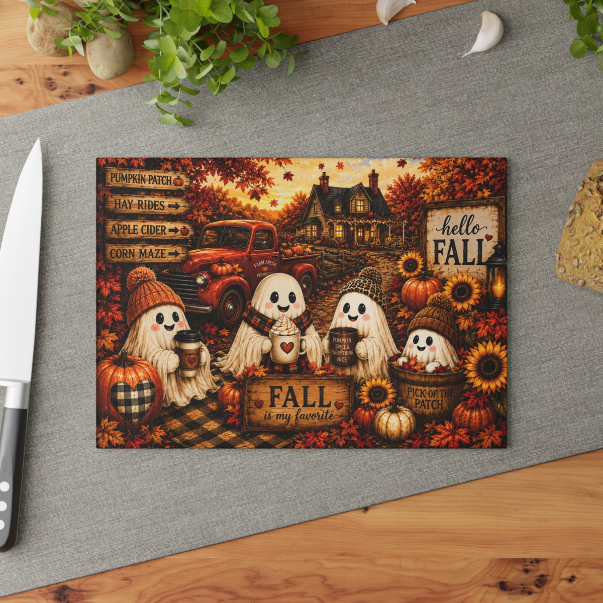 Cute Ghosts Fall Scene Glass Cutting Board | Hello Fall Pumpkin Harvest