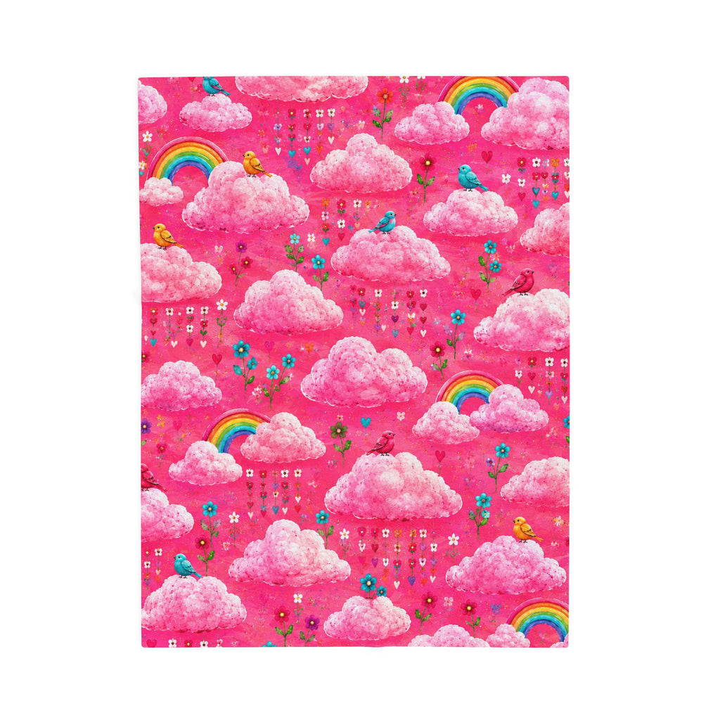 Pink Cloud Rainbow Pattern Blanket | Cute Birds Flowers Velveteen Plush