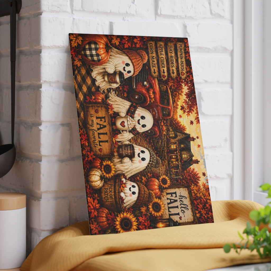 Cute Ghosts Fall Scene Glass Cutting Board | Hello Fall Pumpkin Harvest