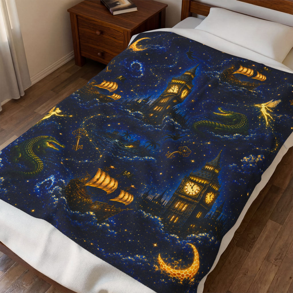 Peter Pan Inspired Vintage Night Sky Pirate Ship Blanket | Big Ben, Crescent Moon, Stars
