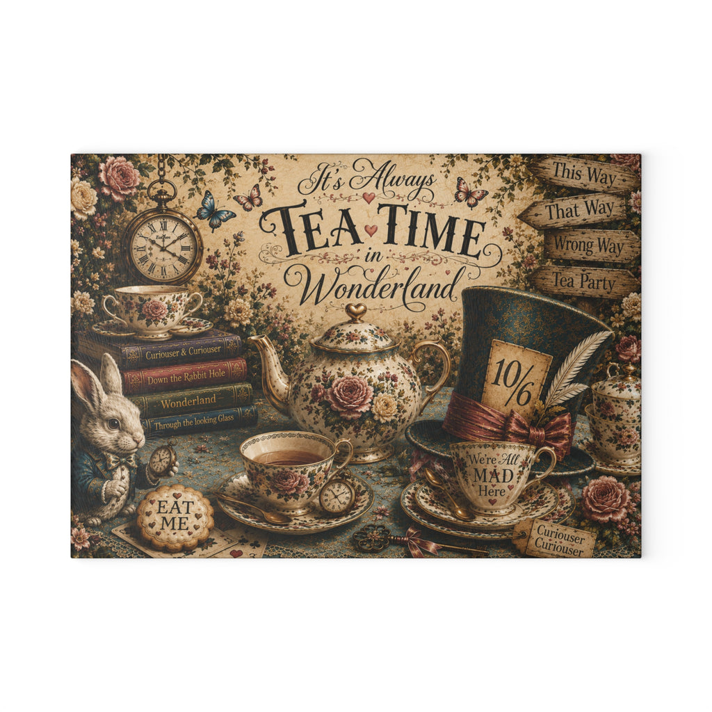 Tea Time in Wonderland Glass Cutting Board | Alice in Wonderland tea party design