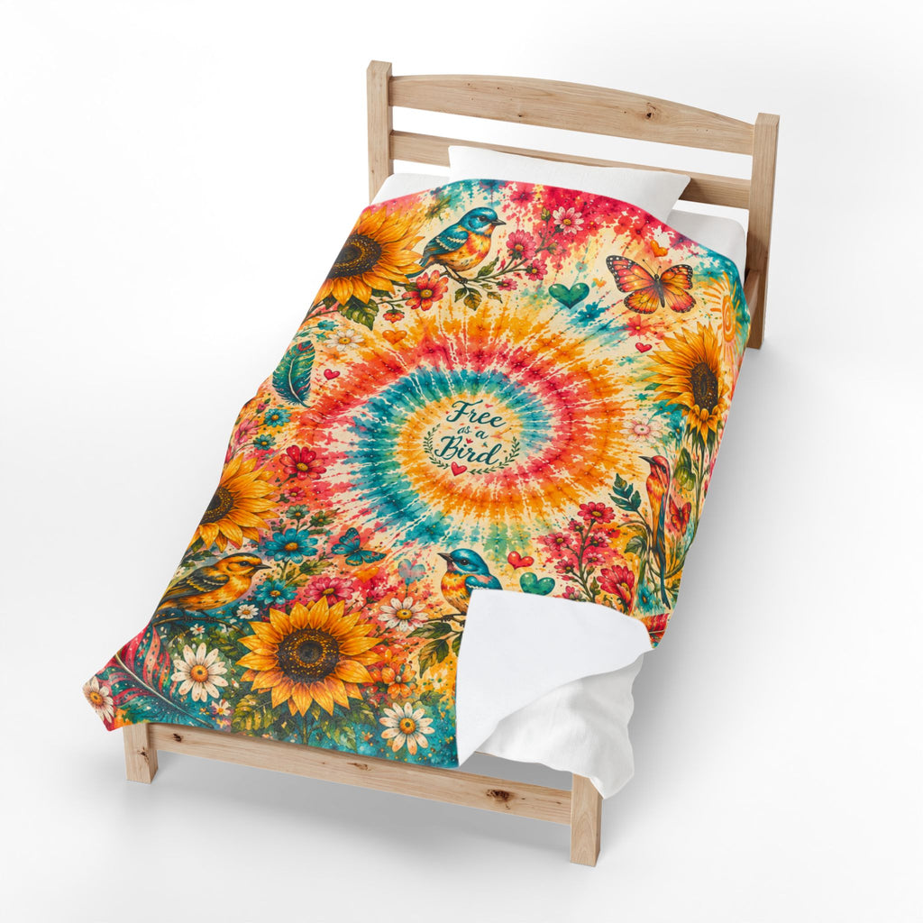 Tie-Dye Sunflower Free Bird Velveteen Blanket | Boho Birds & Butterflies