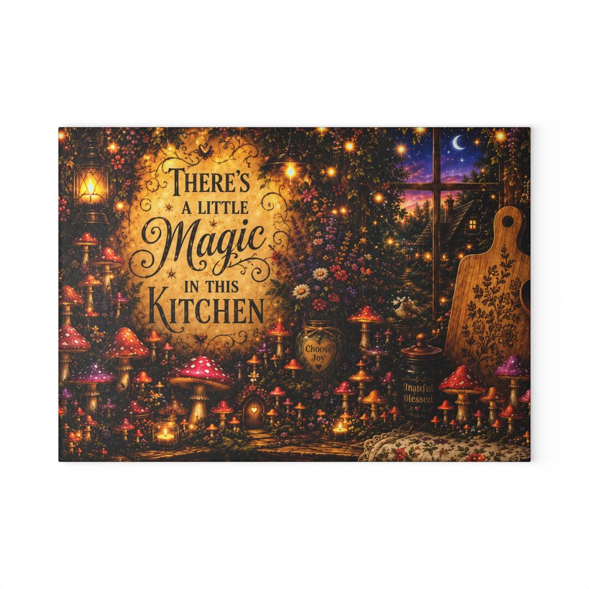 Theres a Little Magic in This Kitchen Glass Cutting Board | Fairy Mushroom Night Scene