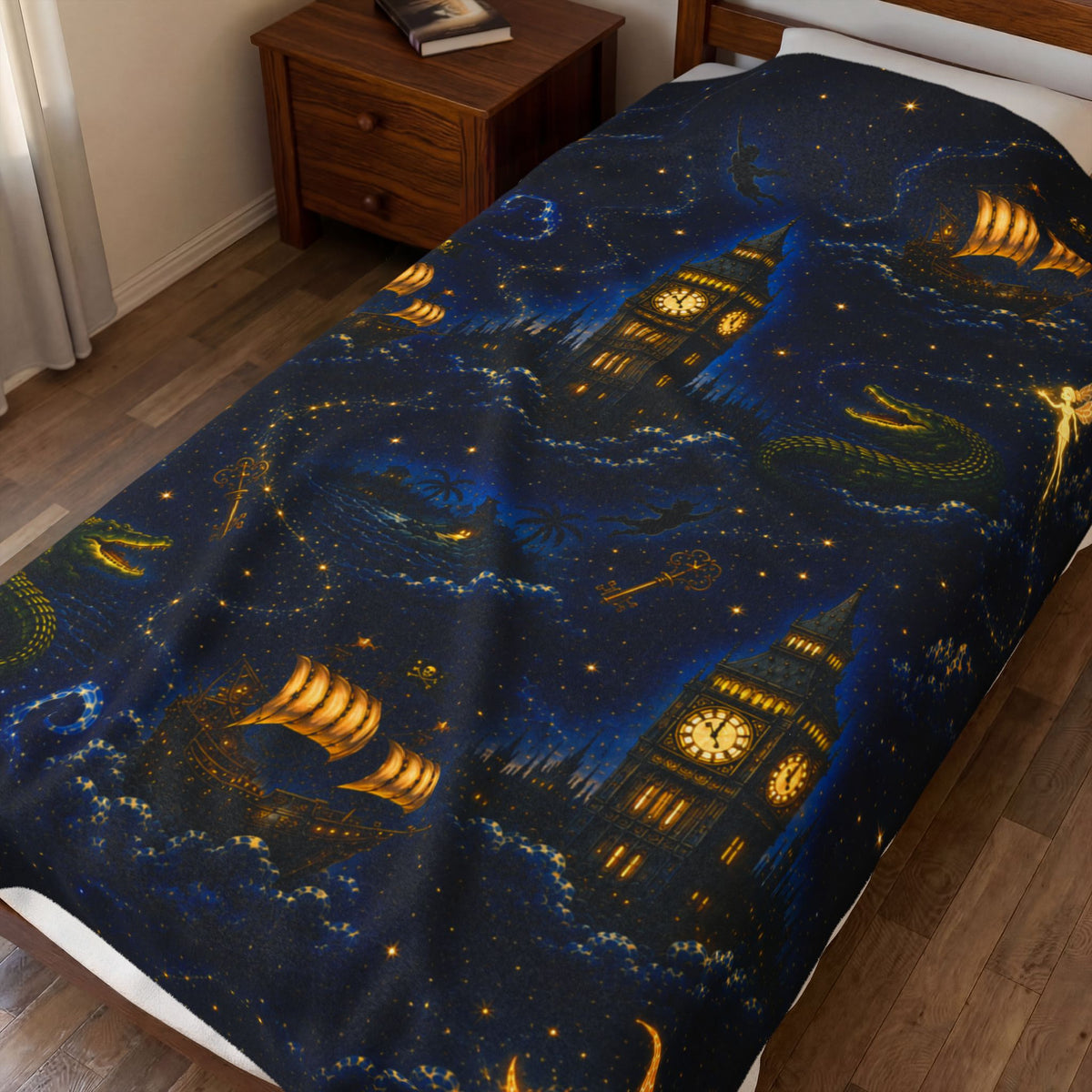 Peter Pan Inspired Vintage Night Sky Pirate Ship Blanket | Big Ben, Crescent Moon, Stars