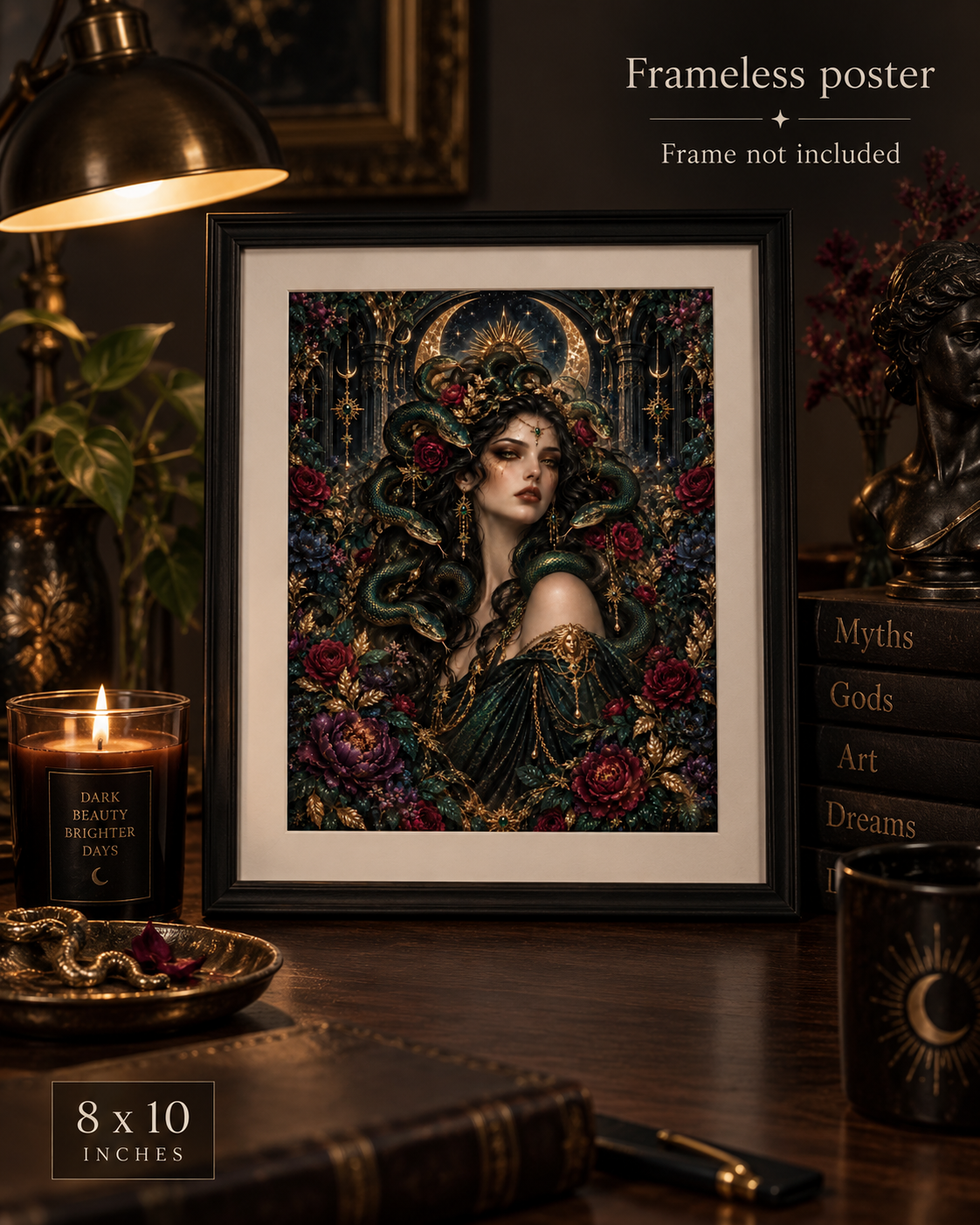 Medusa Goddess portrait Rolled Poster | Dark Floral Mythology Wall Art