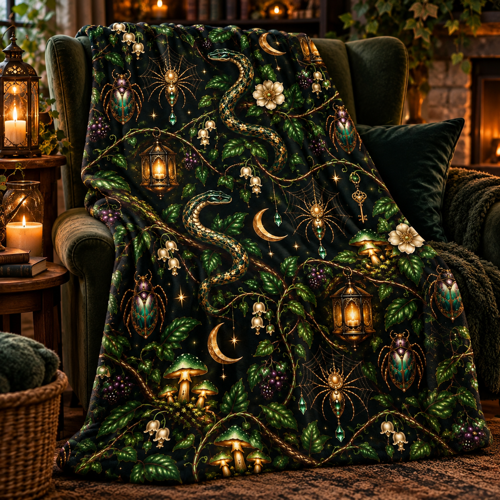 Mystic Serpents Lanterns Velvet Plush Blanket | Botanical Moonlight Pattern