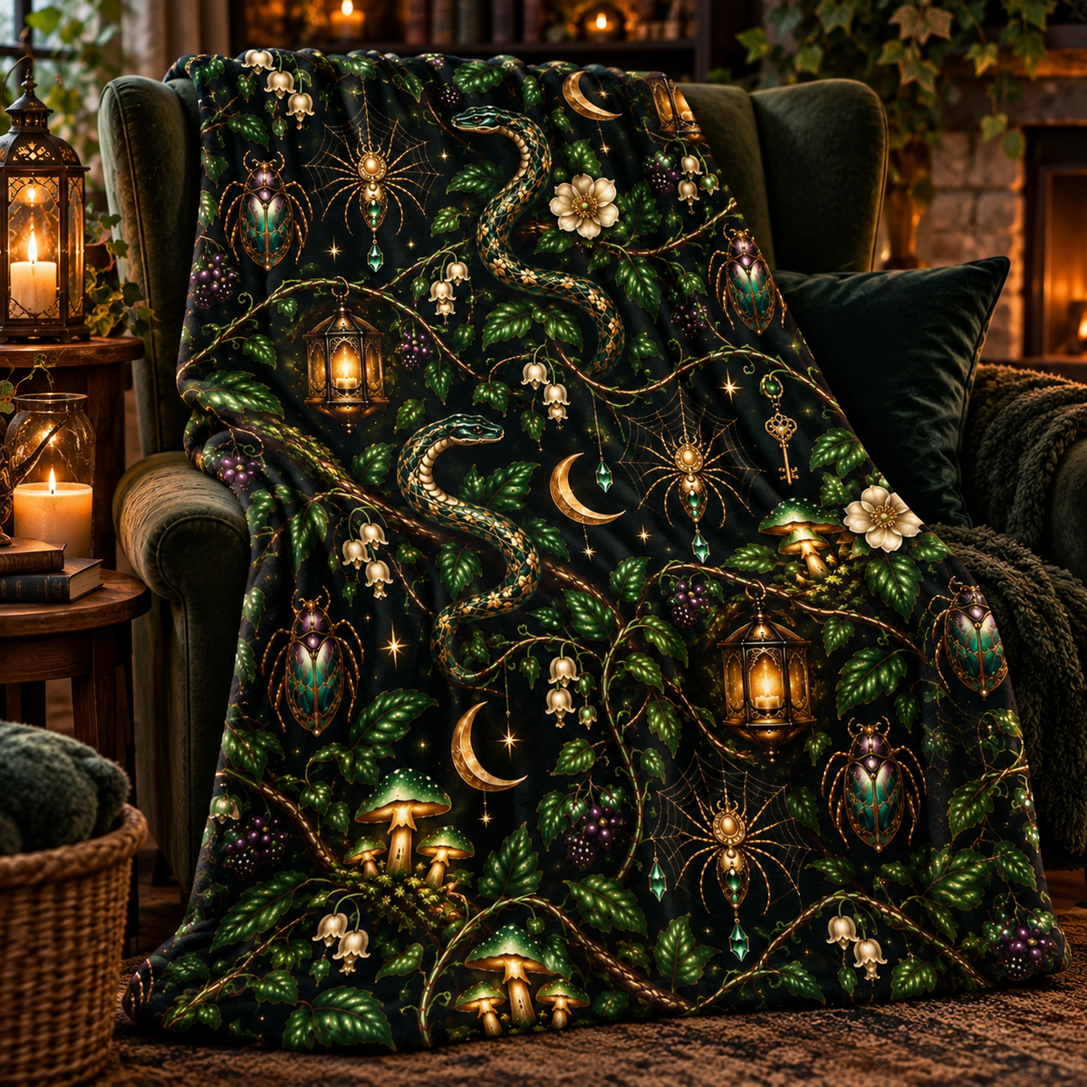 Mystic Serpents Lanterns Velvet Plush Blanket | Botanical Moonlight Pattern