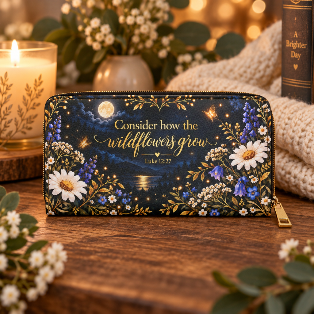 Consider How the Wildflowers Grow Zipper Wallet | Floral Bible Verse Luke 12:27