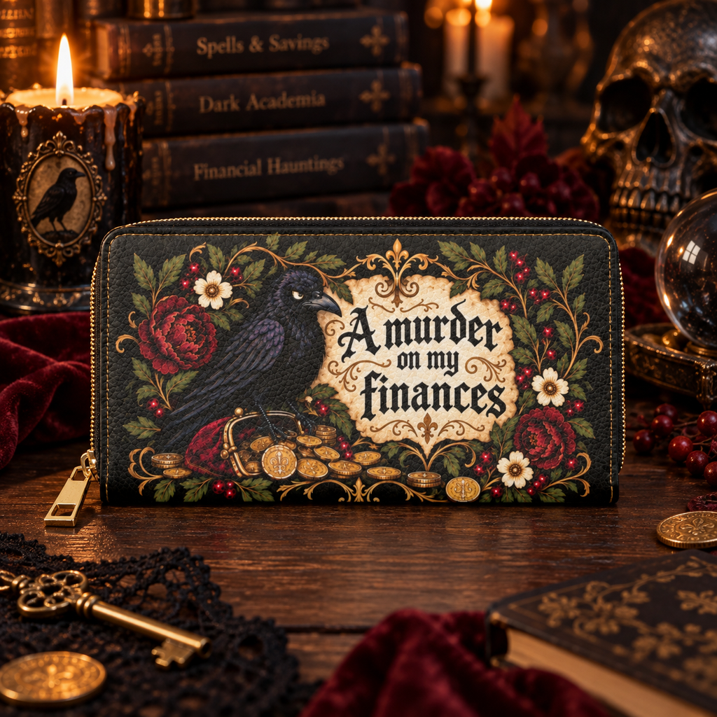 A Murder on My Finances Zipper Wallet | Raven, Coins, Floral Gothic Design