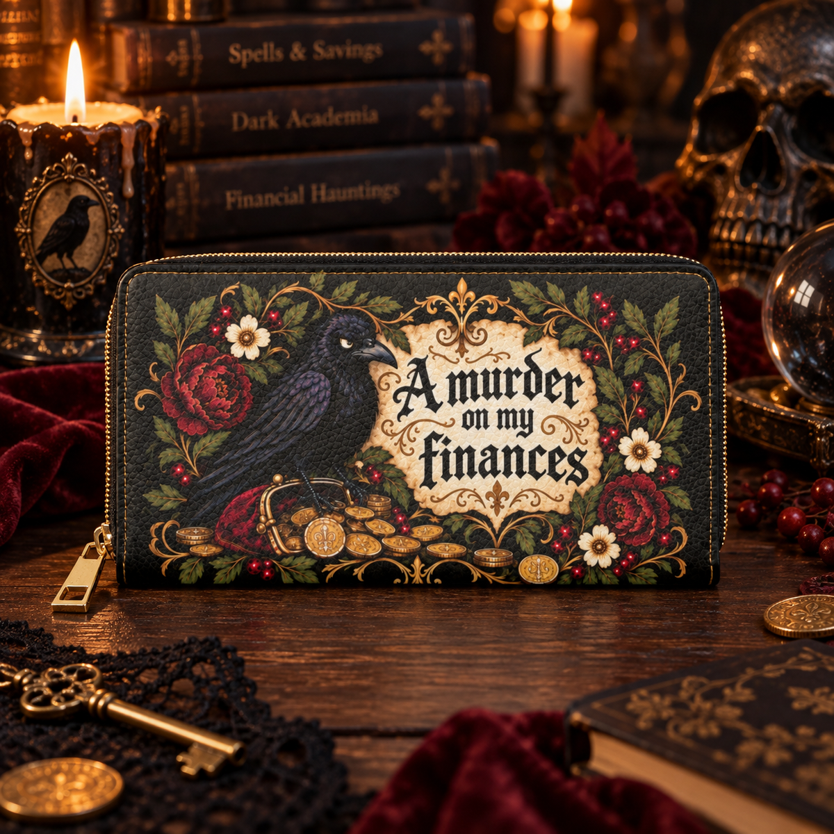 A Murder on My Finances Zipper Wallet | Raven, Coins, Floral Gothic Design