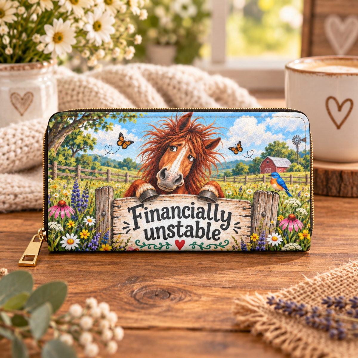 Financially Unstable Horse Zipper Wallet | Cute Farm Animal Illustration