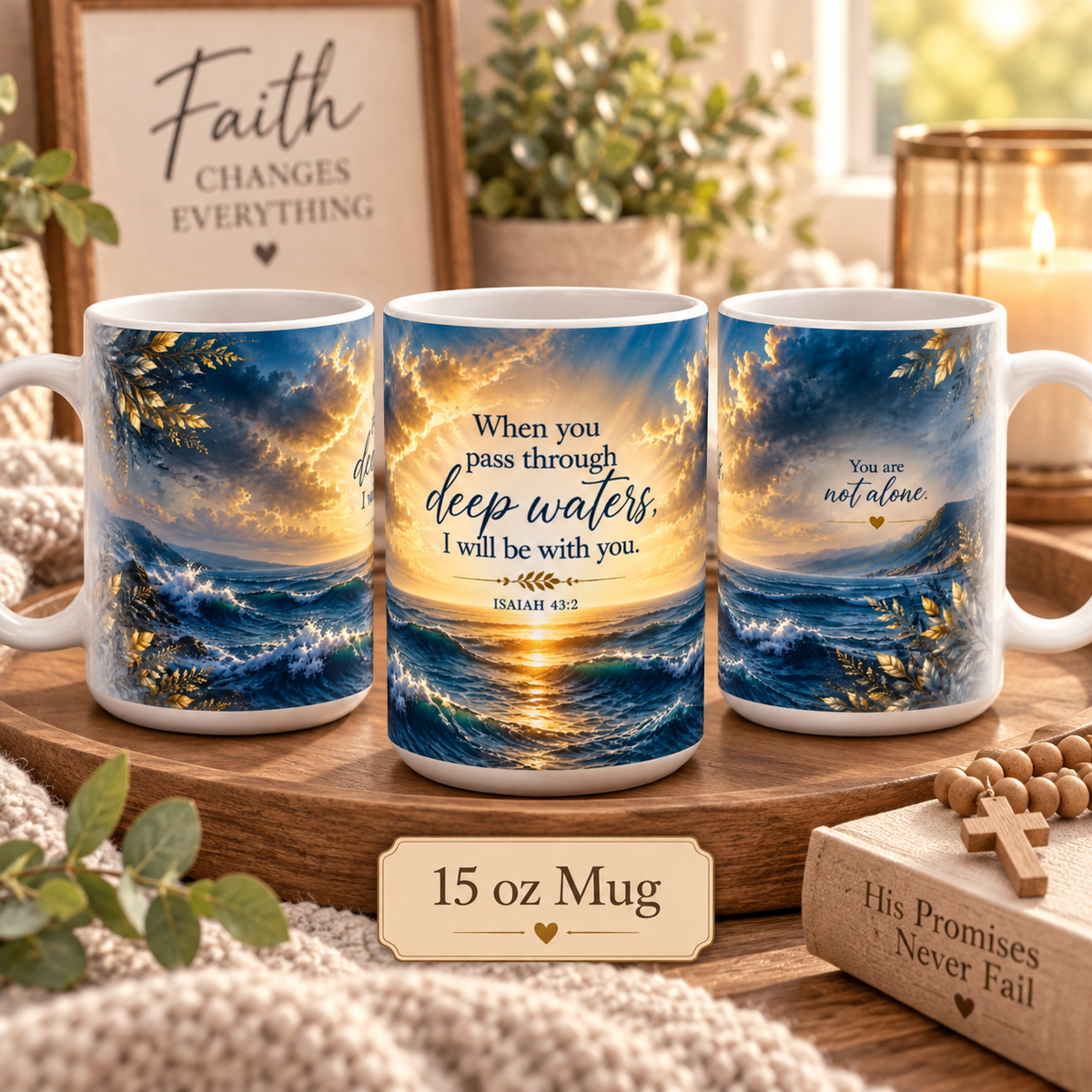 When you pass through deep waters Mug | Isaiah 43:2 ocean sunrise devotional mug