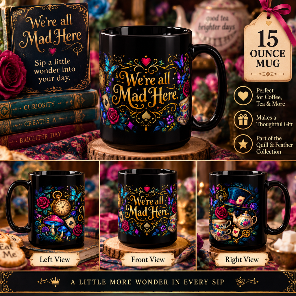 We Are  All Mad Here Mug | Alice Tea Party Black 15oz Ceramic