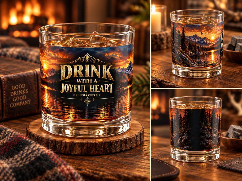 Drink With A Joyful Heart rocks glass | 10oz whiskey tumbler, mountain sunset lake design
