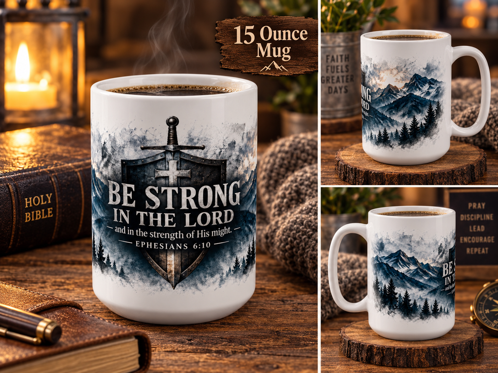 Be Strong in the Lord Mug | Ephesians 6:10 Christian Faith Mountain Design