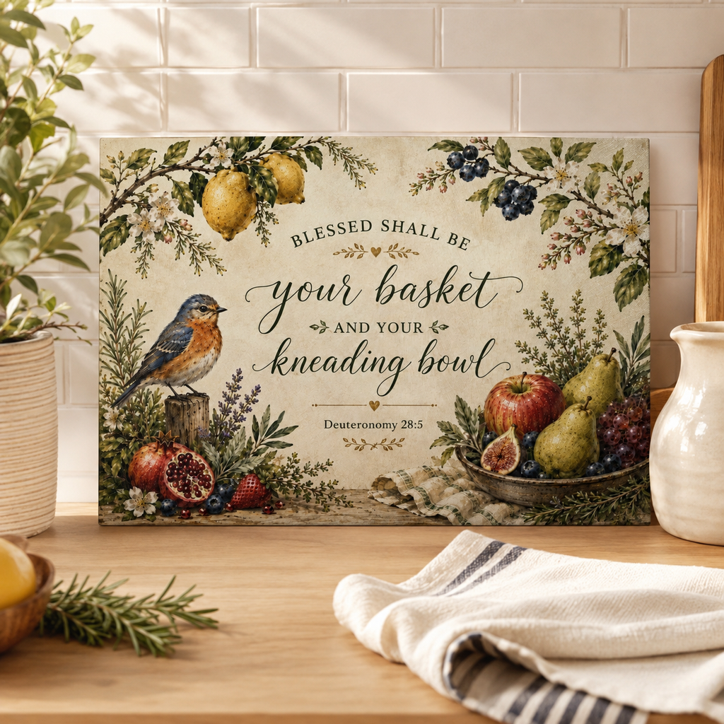 Blessed Shall Be Your Basket and Kneading Bowl Glass Cutting Board | Fruit & Robin Kitchen Decor
