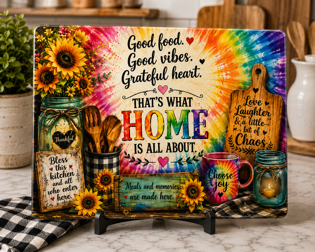 Thats What Home Is All About Glass Cutting Board | Sunflower Tie-Dye Kitchen Decor