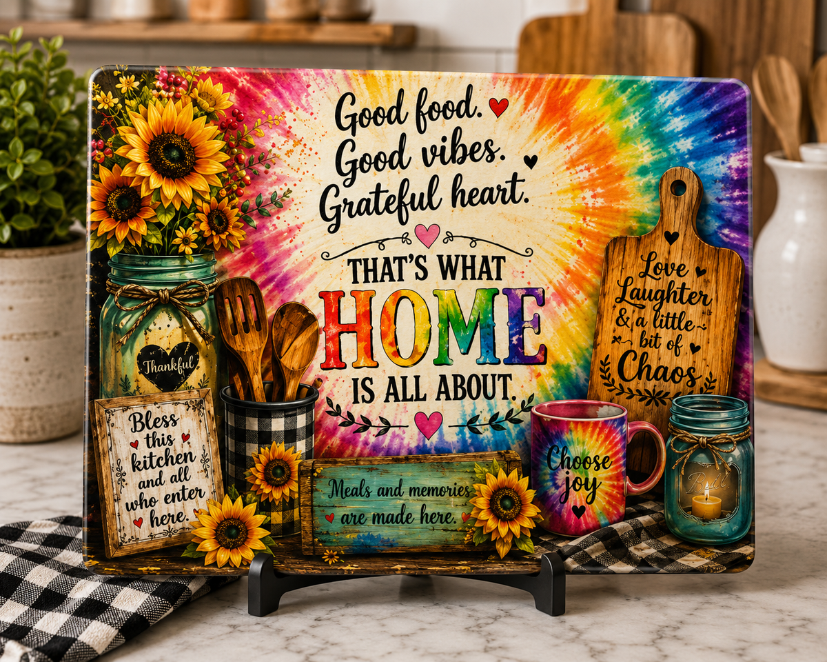 Thats What Home Is All About Glass Cutting Board | Sunflower Tie-Dye Kitchen Decor