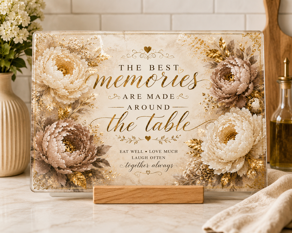 Memories Are Made Around The Table Glass Cutting Board | Floral Kitchen Decor