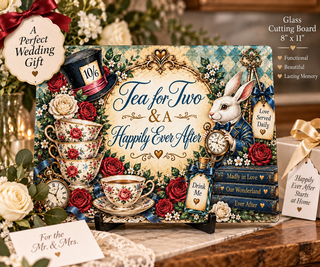 Tea for Two Alice in Wonderland Glass Cutting Board | White Rabbit, Teacups, Vintage Floral