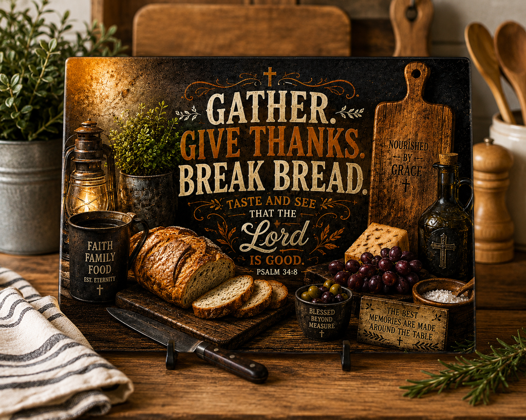 Gather Give Thanks Break Bread Glass Cutting Board | Rustic Farmhouse Kitchen Decor