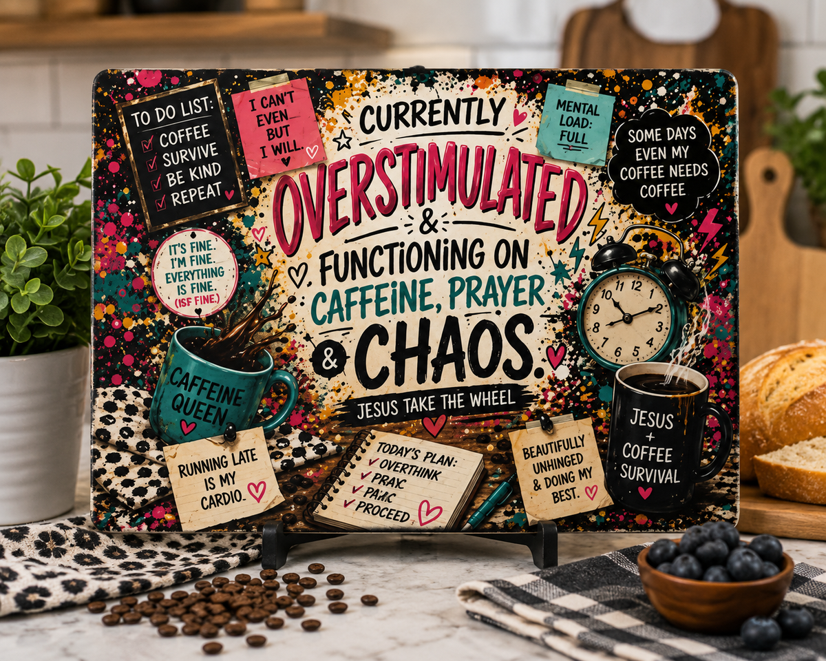Overstimulated Caffeine Prayer Chaos Glass Cutting Board | Kitchen Decor