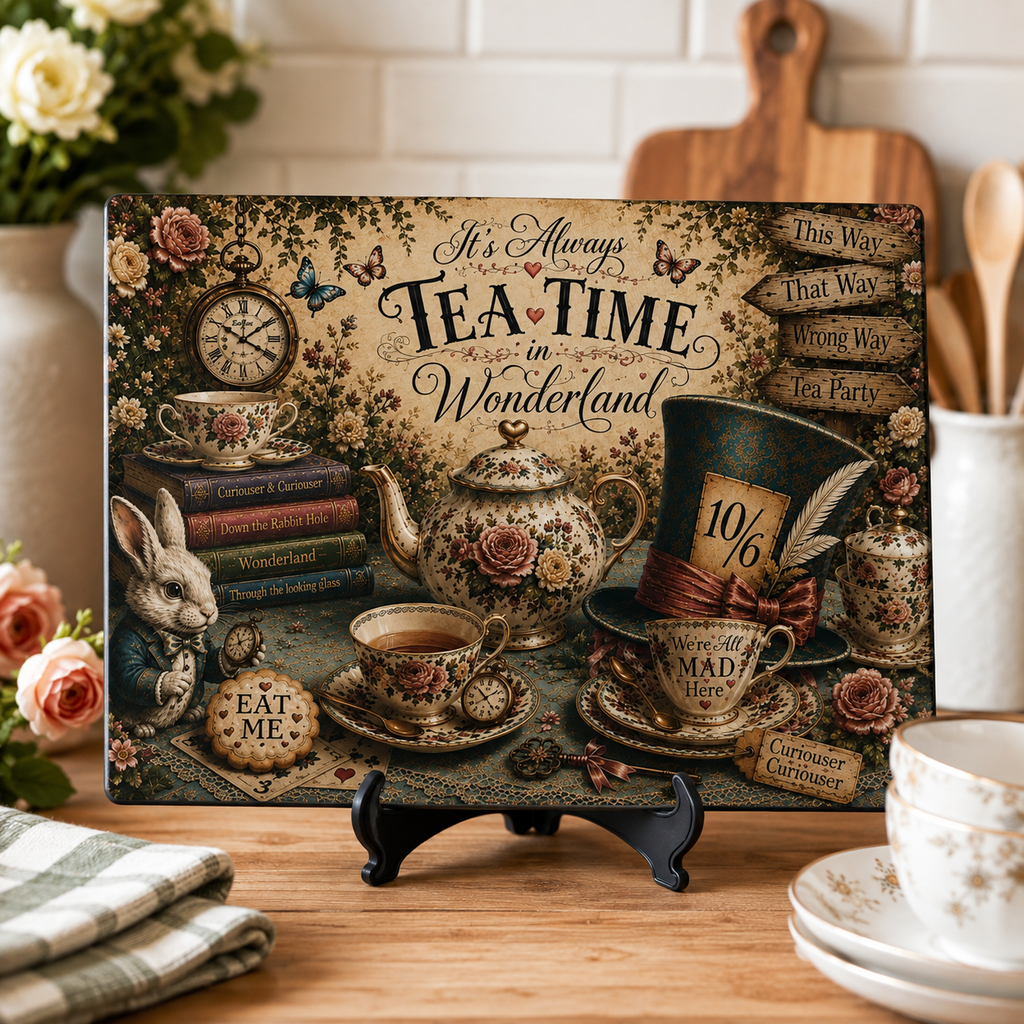 Tea Time in Wonderland Glass Cutting Board | Alice in Wonderland tea party design