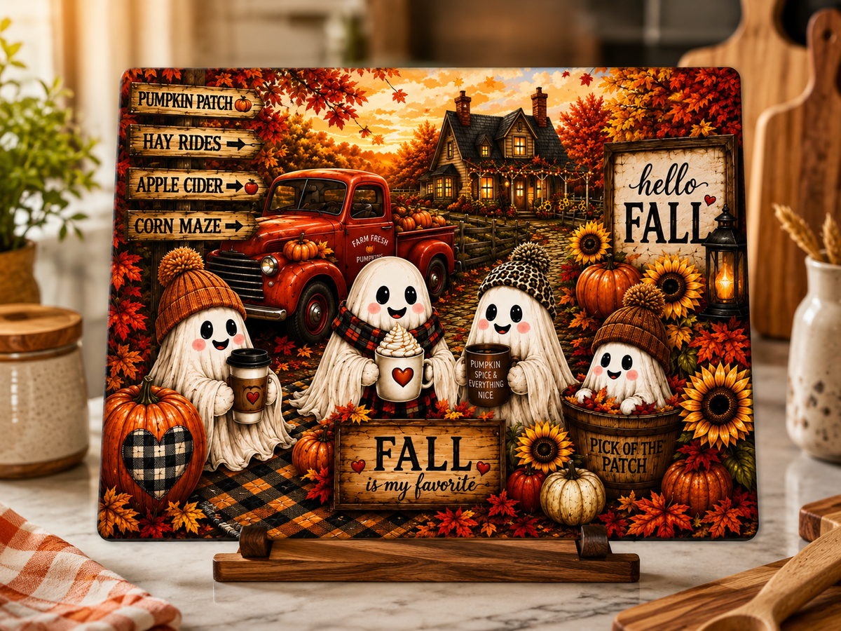 Cute Ghosts Fall Scene Glass Cutting Board | Hello Fall Pumpkin Harvest