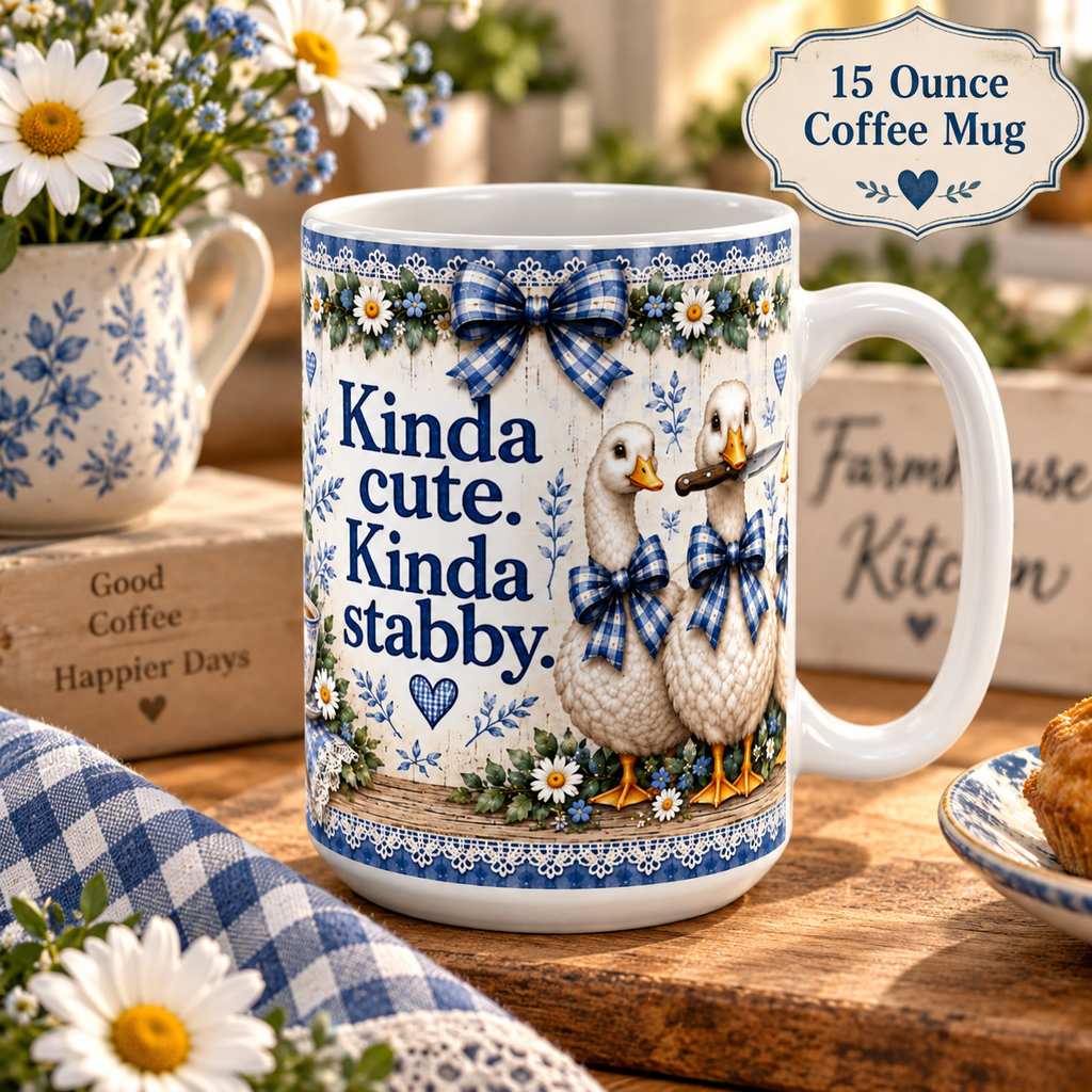 Kinda Cute Kinda Stabby Mug | 15oz Ceramic Duck Illustration, Blue Floral Decor