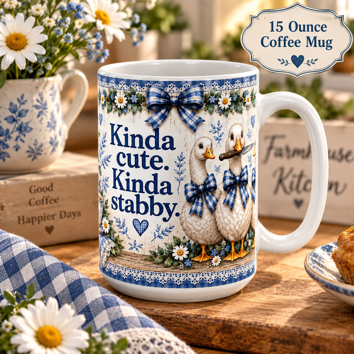 Kinda Cute Kinda Stabby Mug | 15oz Ceramic Duck Illustration, Blue Floral Decor