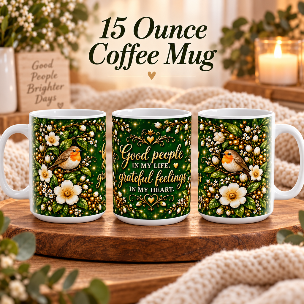 Good people in my life grateful feelings in my heart Mug | 15oz ceramic mug with bird floral design