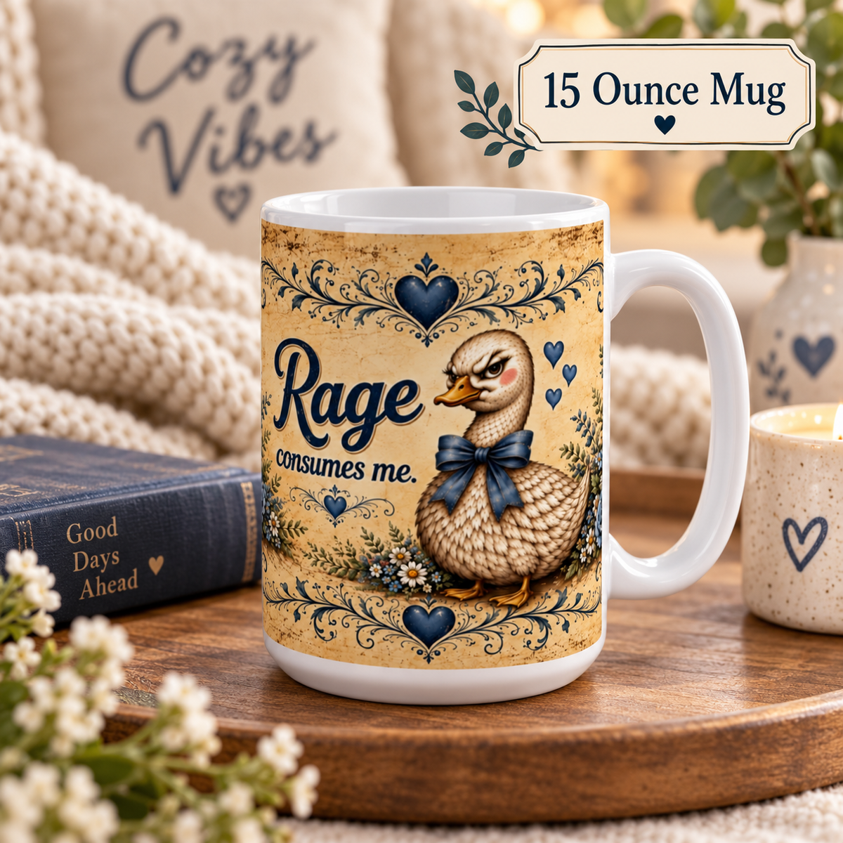 Rage Consumes Me mug | Vintage duck illustration, floral folk art