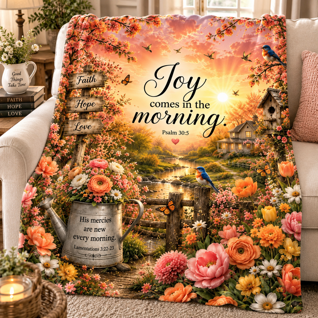 Joy Comes in the Morning Velveteen Plush Blanket | Psalm 30:5 Floral Cottage Scene