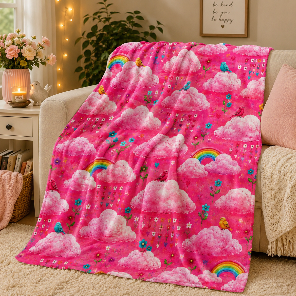Pink Cloud Rainbow Pattern Blanket | Cute Birds Flowers Velveteen Plush