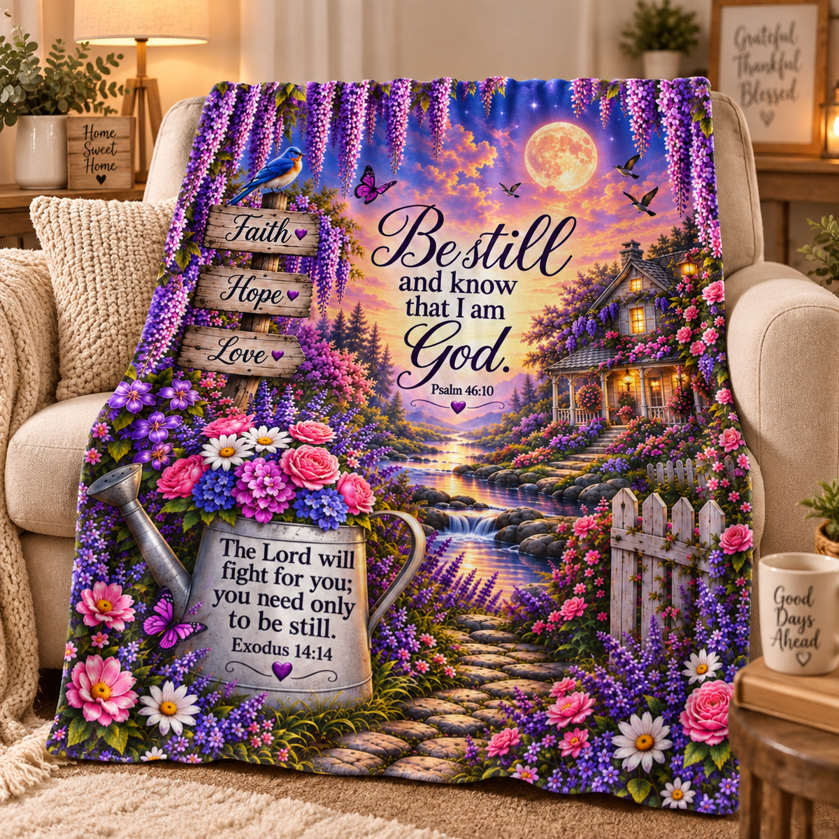 Be Still and Know I Am God blanket | Floral Cottage Scripture Velveteen Plush