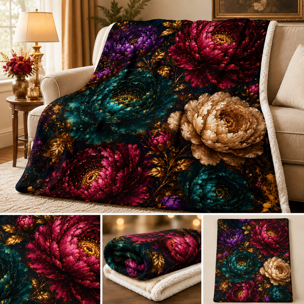 Vintage Jewel Tone Chrysanthemum Blanket | Sherpa Fleece