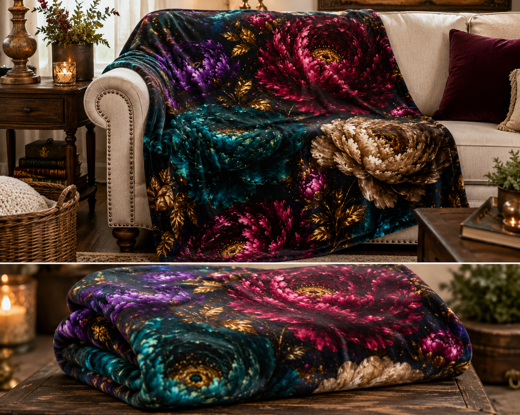 Vintage Jewel Tone Chrysanthemum Blanket | Sherpa Fleece