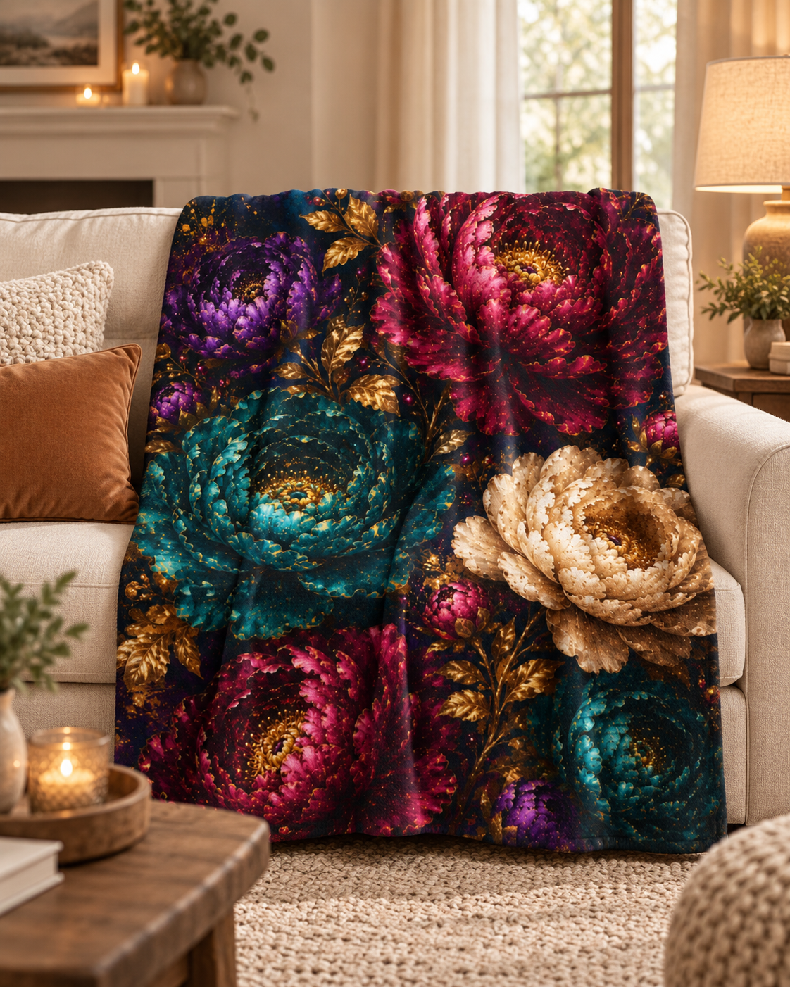 Vintage Jewel Tone Chrysanthemum Blanket | Sherpa Fleece