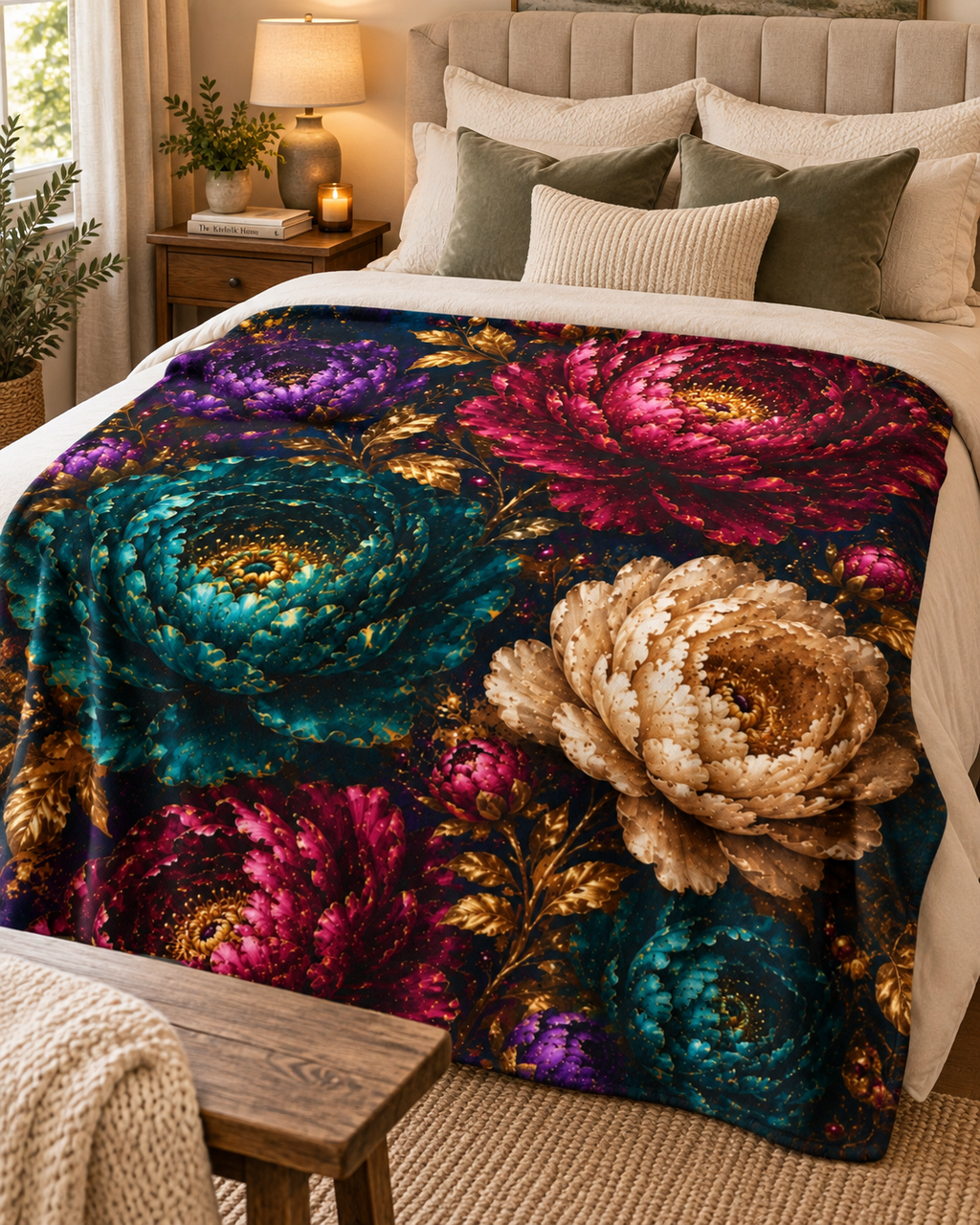 Vintage Jewel Tone Chrysanthemum Blanket | Sherpa Fleece