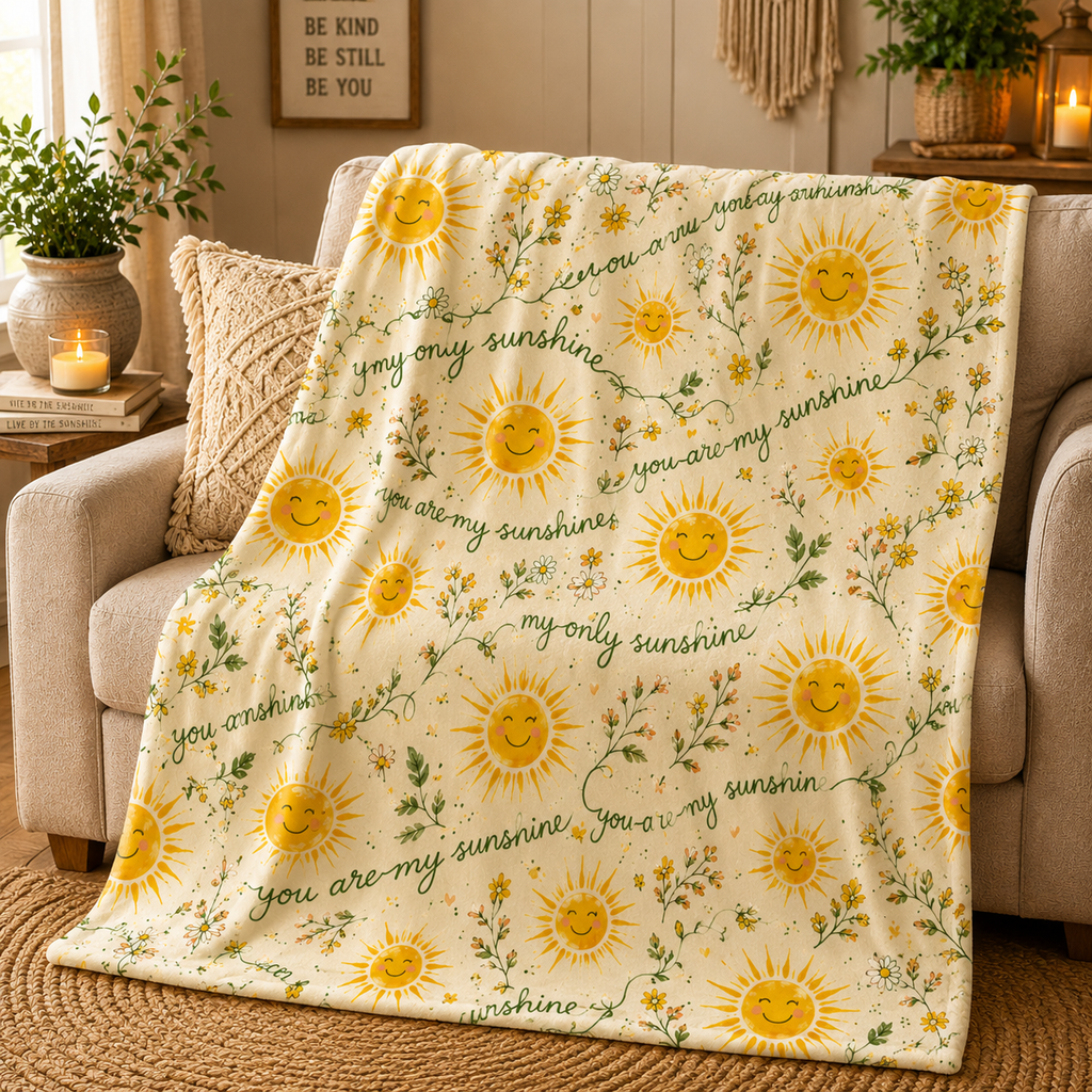 You Are My Sunshine Velveteen Plush Blanket | Smiling Sun Floral Pattern