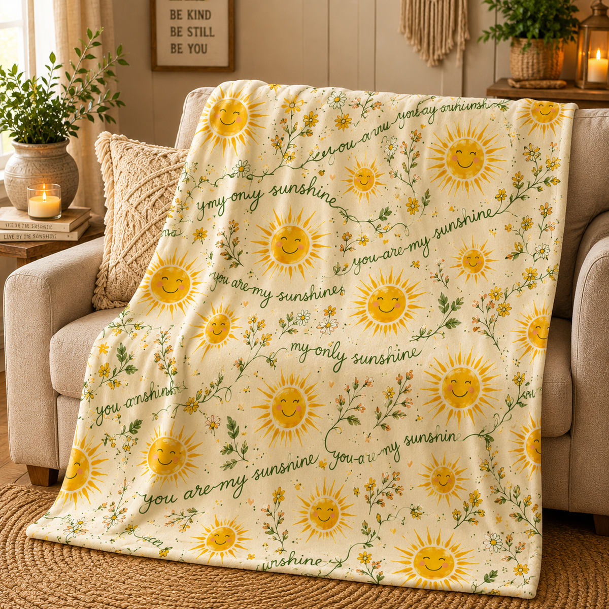 You Are My Sunshine Velveteen Plush Blanket | Smiling Sun Floral Pattern