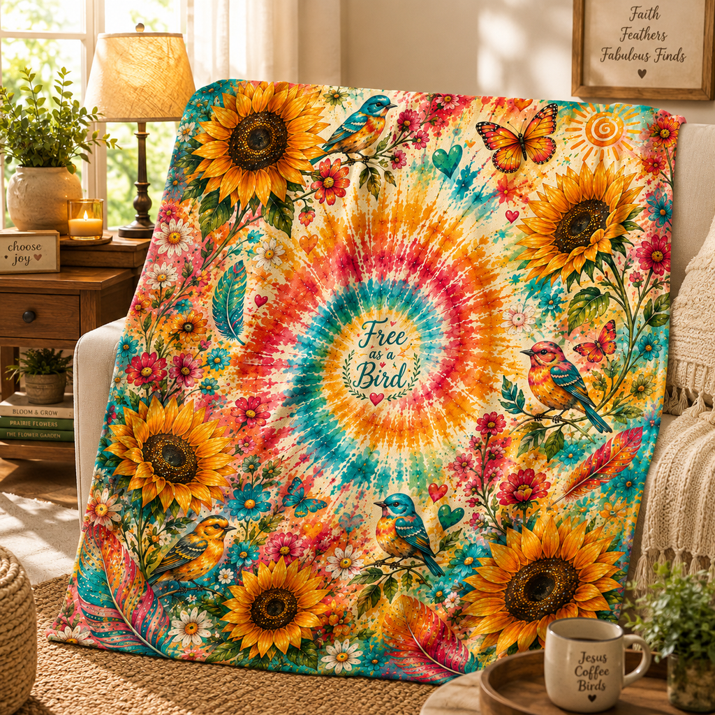 Tie-Dye Sunflower Free Bird Velveteen Blanket | Boho Birds & Butterflies