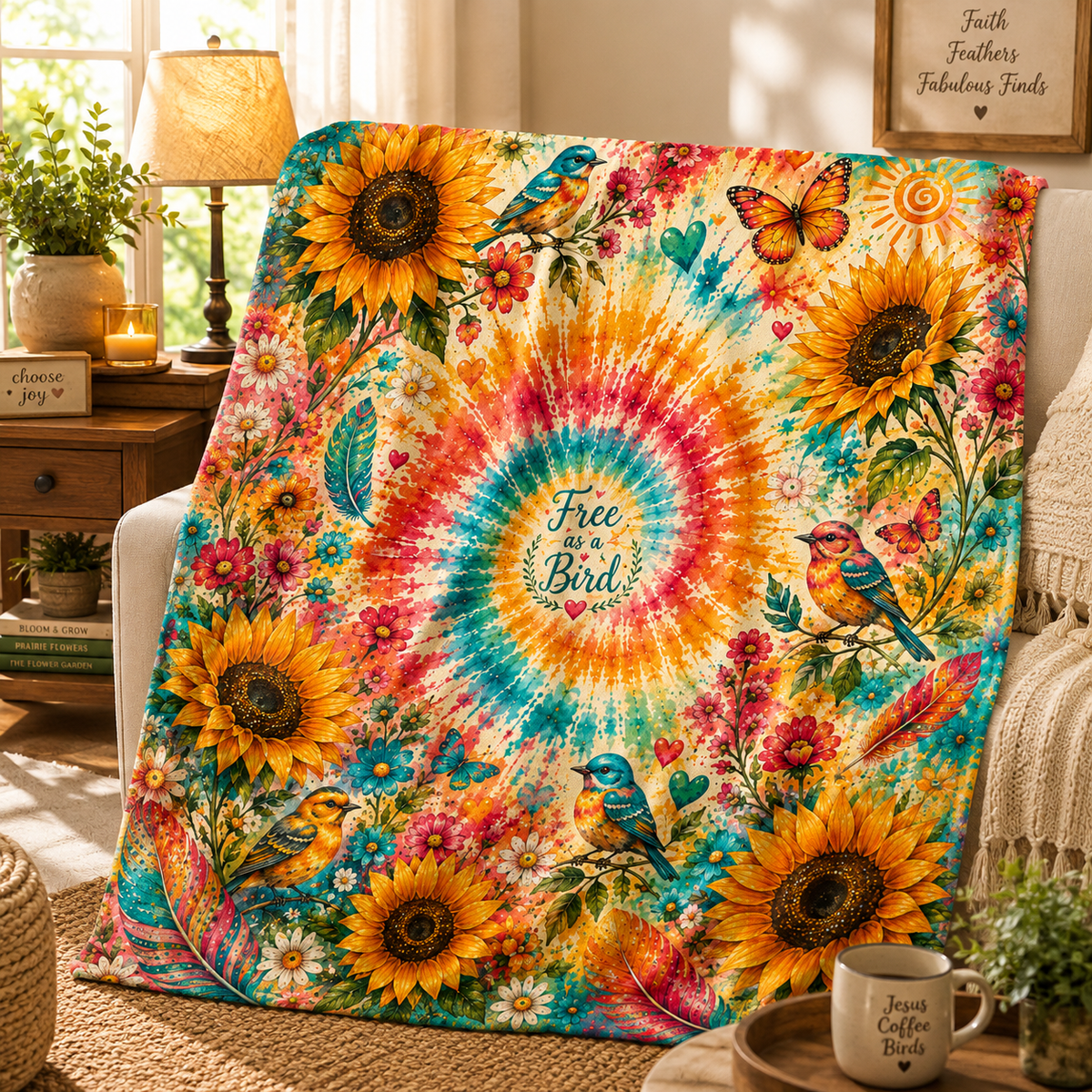 Tie-Dye Sunflower Free Bird Velveteen Blanket | Boho Birds & Butterflies
