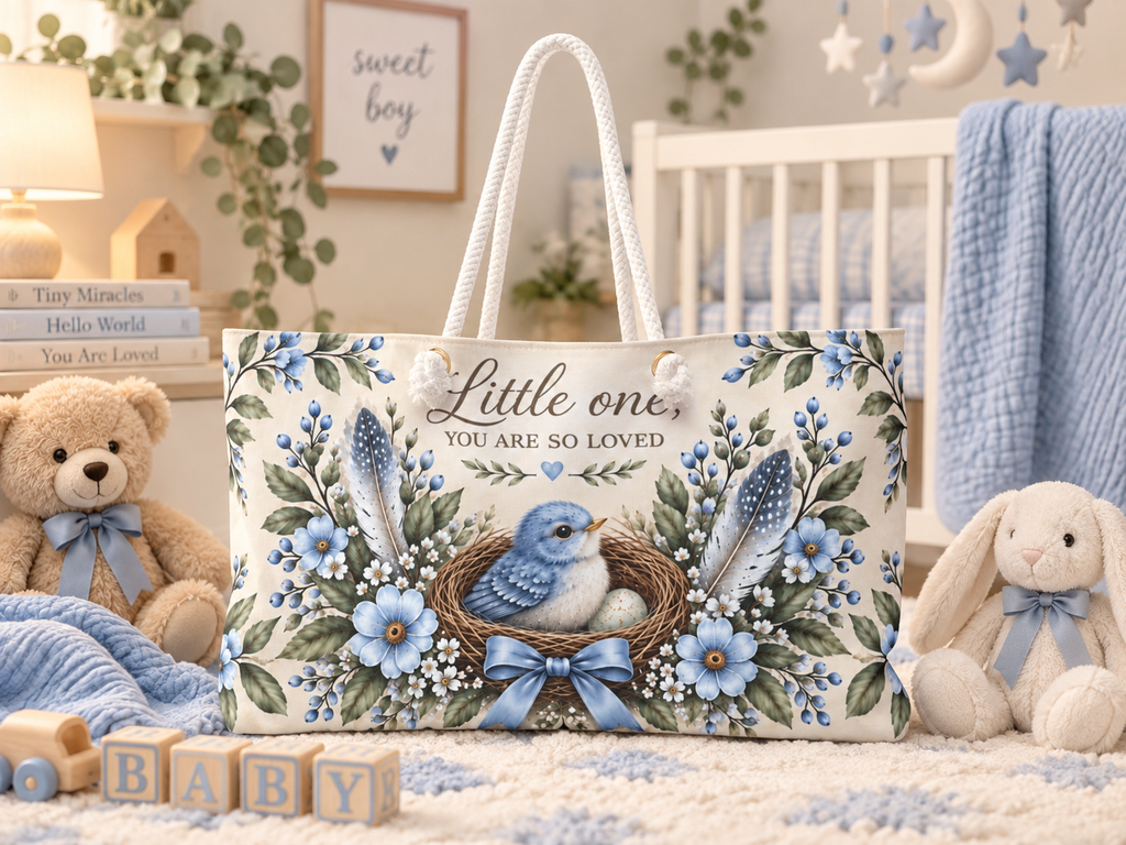 Little Nest Little One You Are So Loved Weekender Bag | Blue Bird Nest Floral
