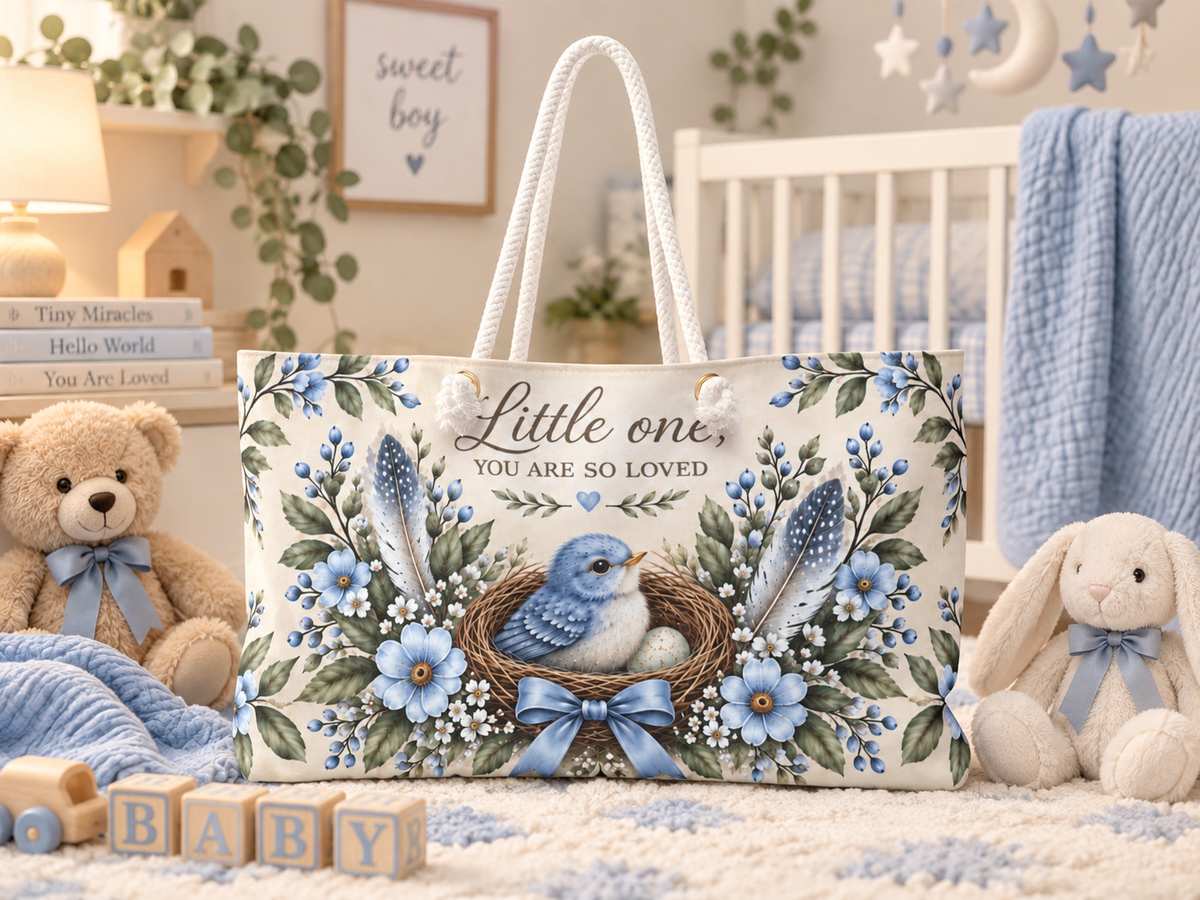 Little Nest Little One You Are So Loved Weekender Bag | Blue Bird Nest Floral