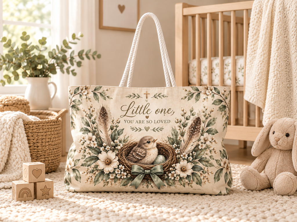 Little Nest Little One You Are So Loved bird nest Weekender Bag | floral neutral nursery