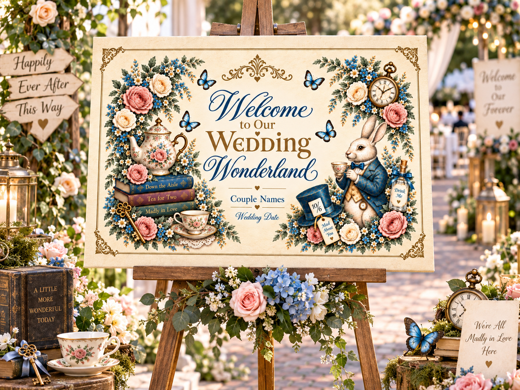 Alice in Wonderland Wedding Welcome Sign Canvas Stretched