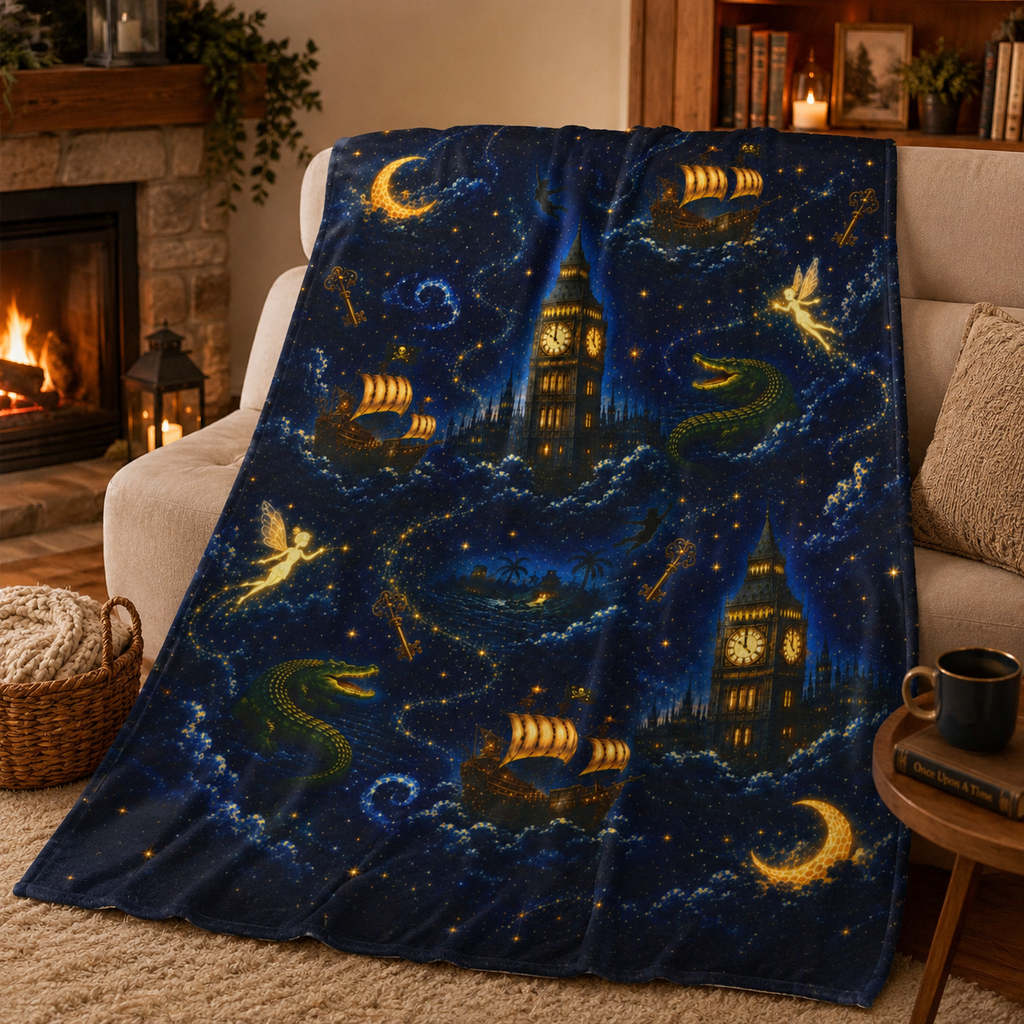 Peter Pan Inspired Vintage Night Sky Pirate Ship Blanket | Big Ben, Crescent Moon, Stars