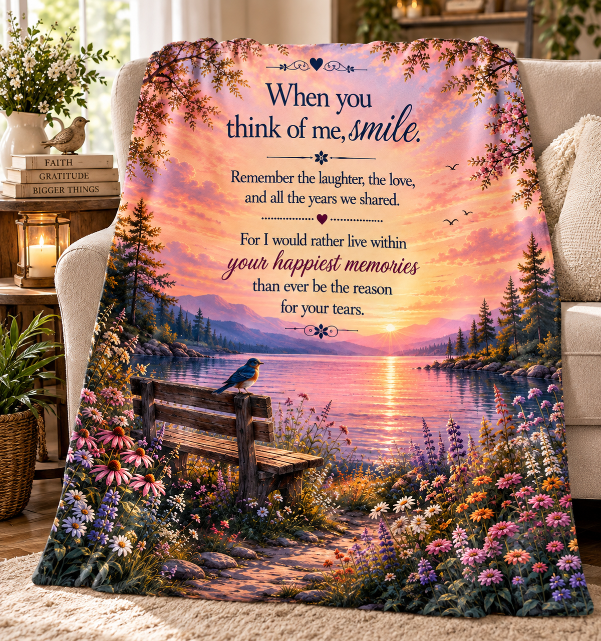 When You Think of Me Smile Velveteen Plush Blanket | Sunset Lake Memorial Scene