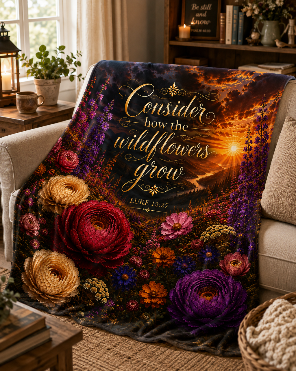 Consider How the Wildflowers Grow Velveteen Plush Blanket | Luke 12:27 floral sunrise